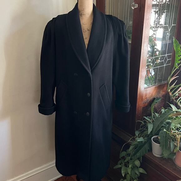Vintage 80s Jofeld by Forstmann Black Wool Blend Coat Maxi Shawl Collar Sz M/L - Picture 3 of 17